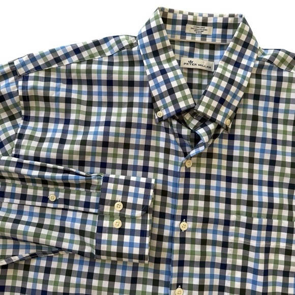 Peter Millar‎ XL Blue Green Plaid Long Sleeve Button Down Stretch Men's Shirt - Picture 1 of 6
